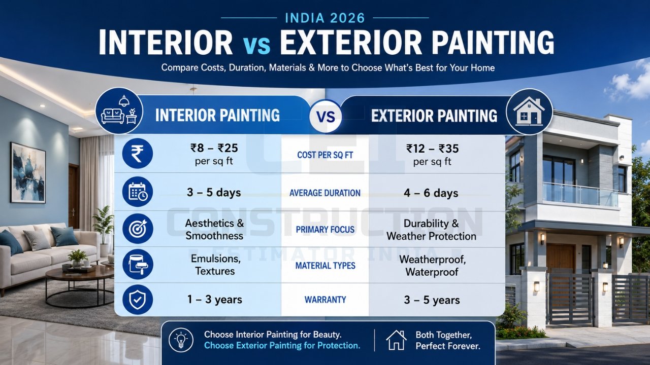 Interior vs exterior painting comparison India 2026 showing cost per sq ft, duration, materials, and durability differences