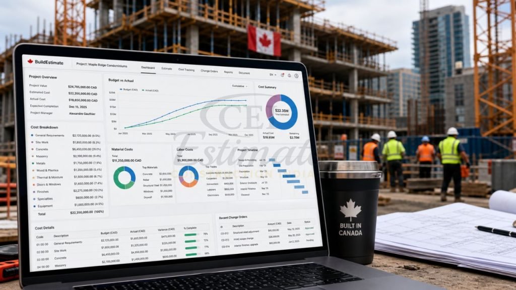 construction estimating software dashboard on laptop at job site Canada showing cost tracking budget analysis labor material breakdown