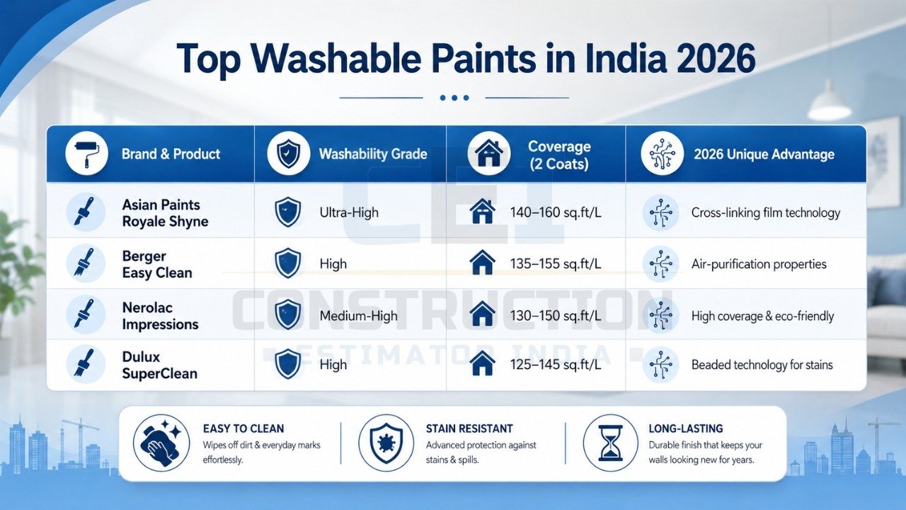 Top washable wall paints in India 2026 comparing Asian Paints, Berger, Nerolac, and Dulux with coverage and features