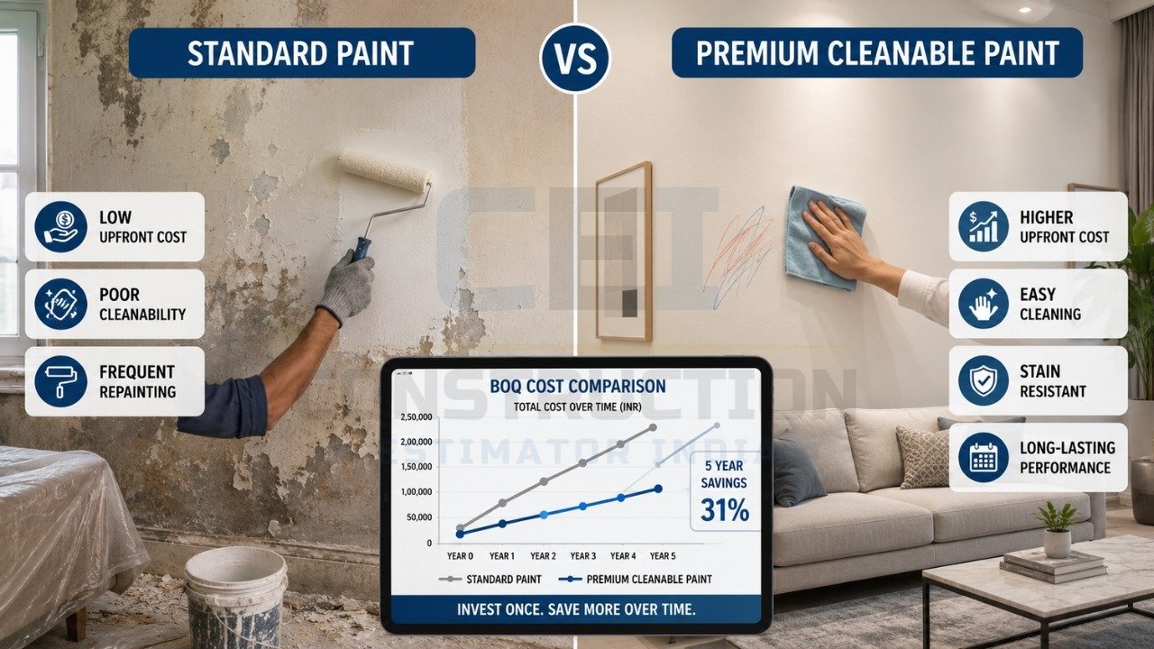 Standard paint vs premium cleanable paint comparison showing cost, durability, cleaning ease, and long-term savings