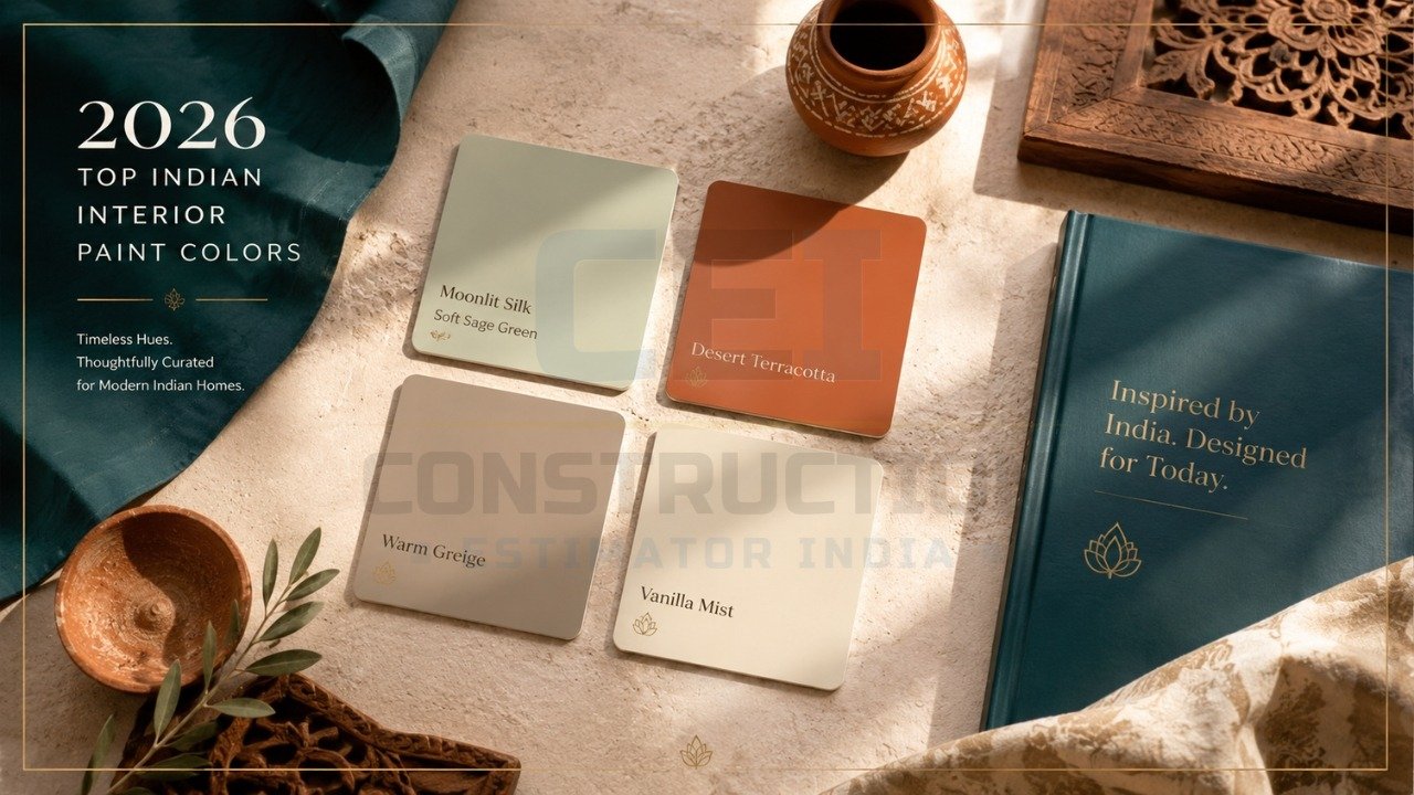 2026 Indian interior paint colors with sage green, terracotta, greige, and cream palette