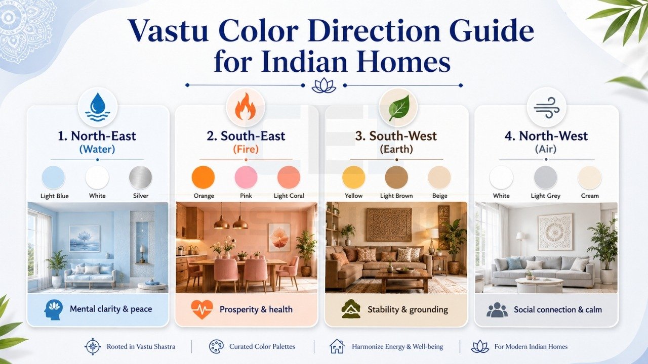Vastu color direction guide for Indian homes with north-east, south-east, south-west, and north-west colors