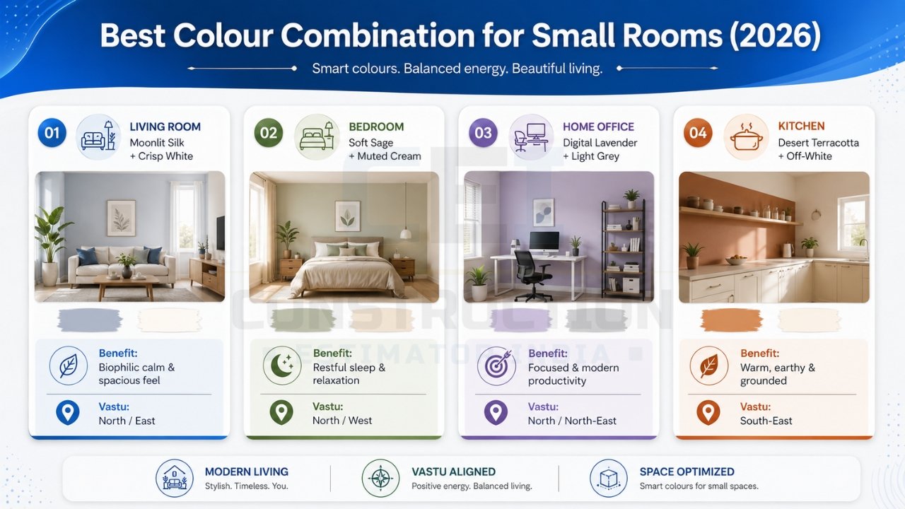 Best colour combinations for small rooms 2026 showing living room, bedroom, home office, and kitchen palettes with benefits and Vastu directions
