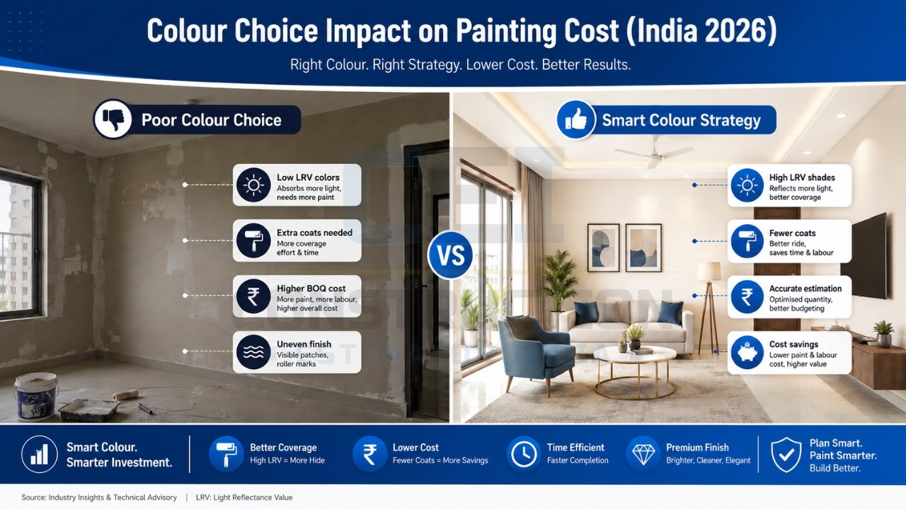 Colour choice impact on painting cost India 2026 showing poor vs smart colour strategy with coverage, cost, and finish differences