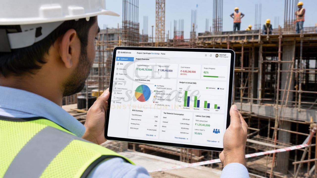 construction cost estimation software India engineer using tablet site BOQ budgeting dashboard