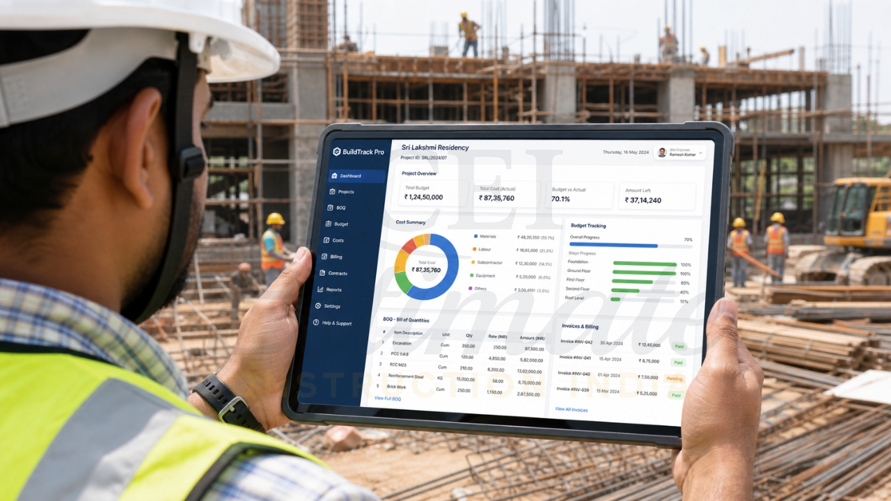 Engineer using tablet with construction management software on site.