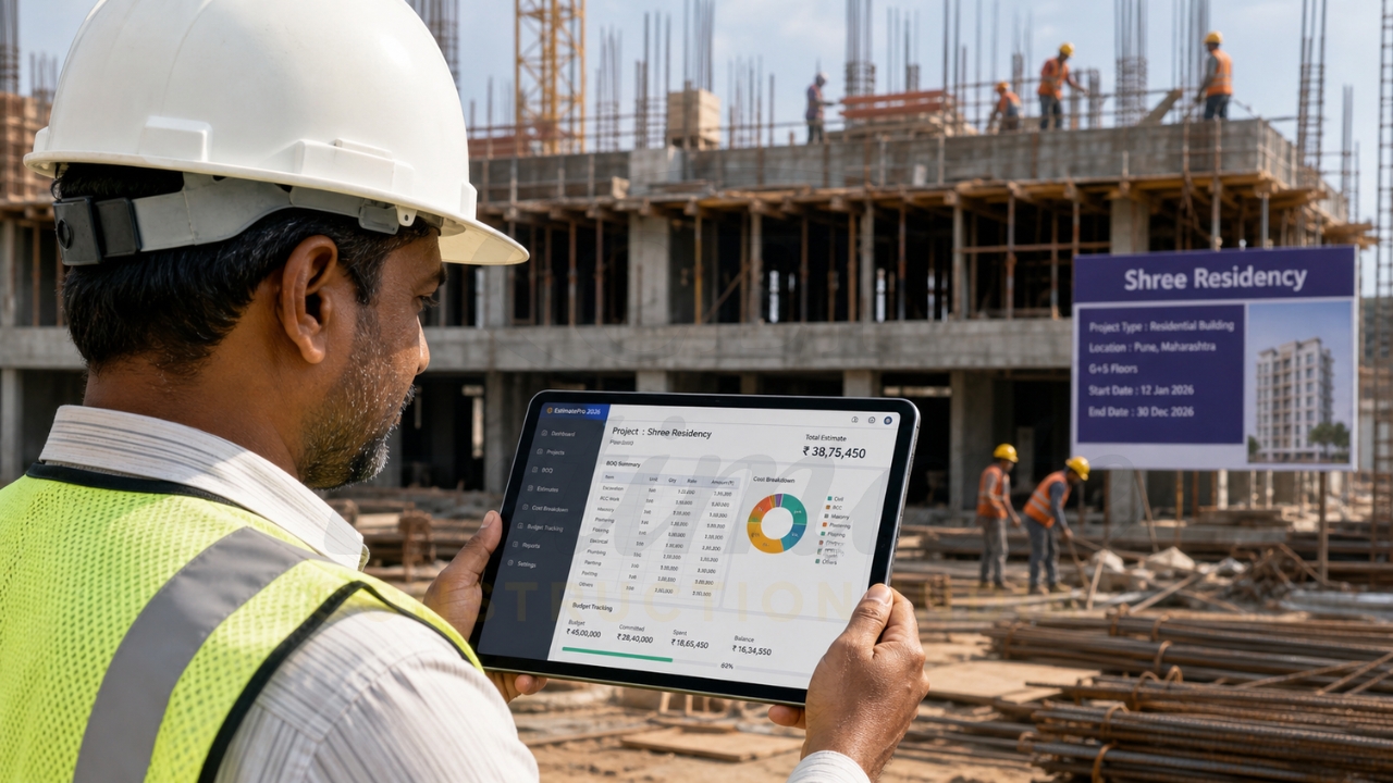 Site engineer using tablet for construction project tracking and cost monitoring.