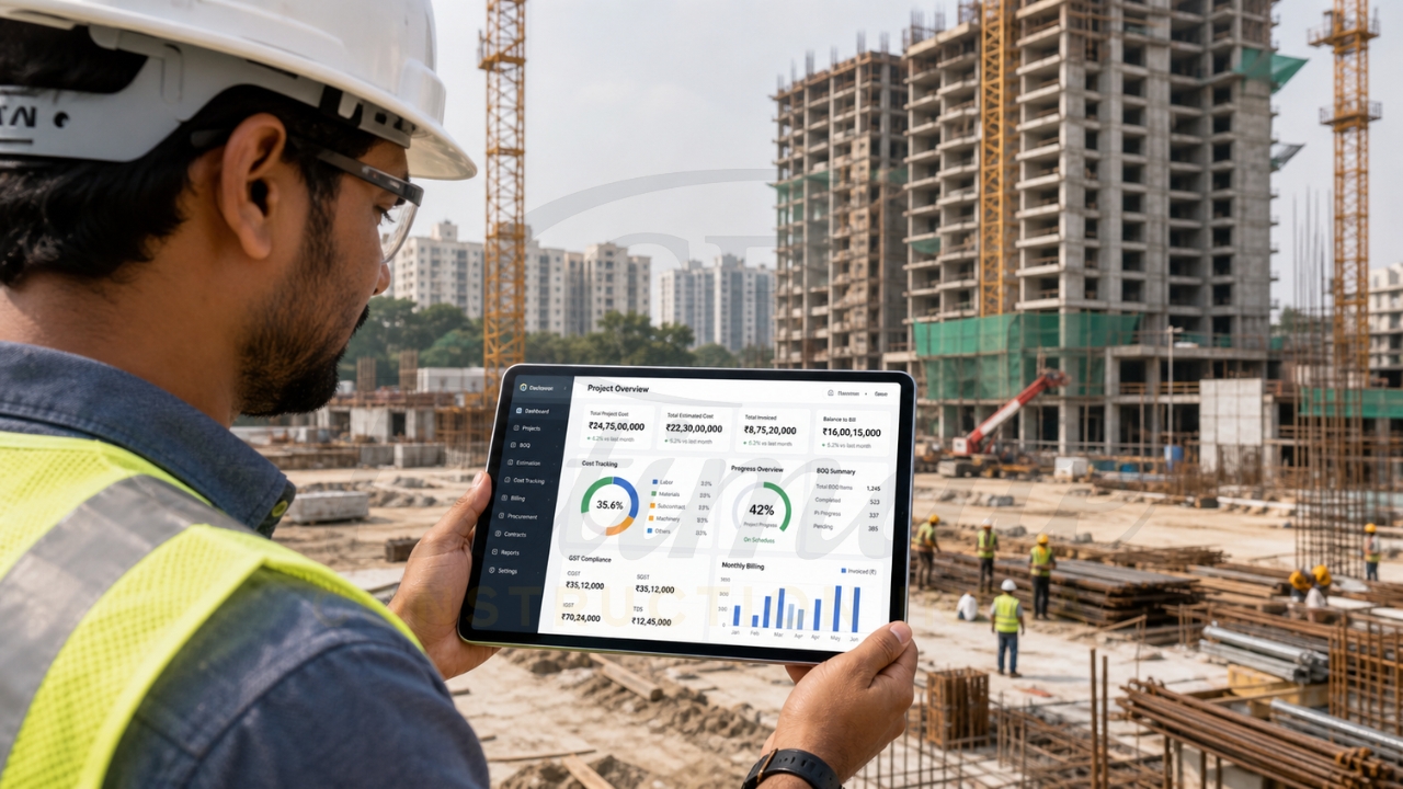 Engineer monitoring construction project progress and costs on a tablet at site.