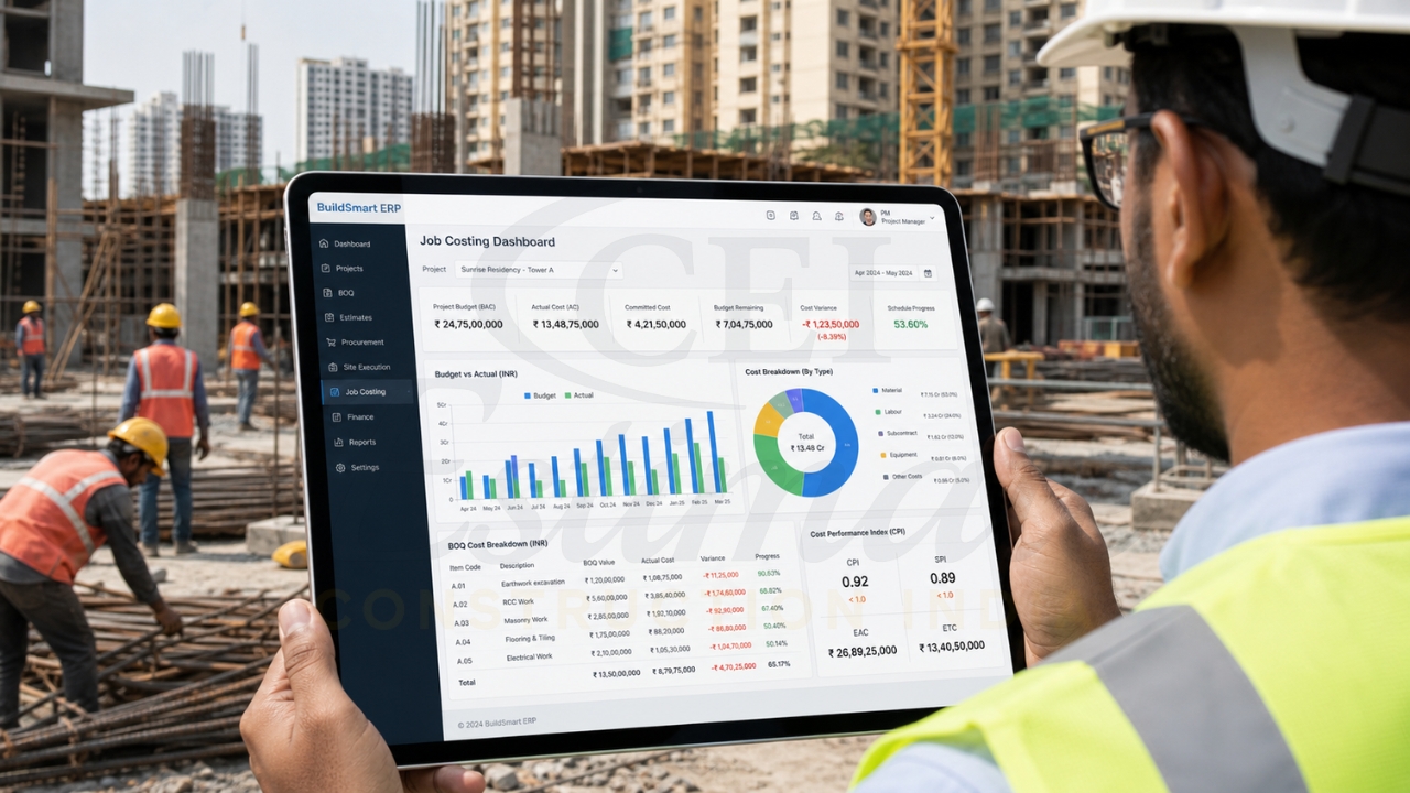 Engineer viewing job costing dashboard on tablet at construction site.