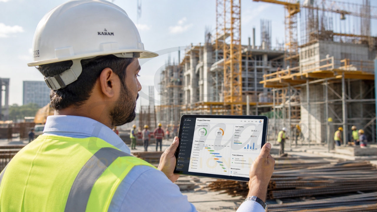 Site engineer using tablet to monitor construction project progress on-site.