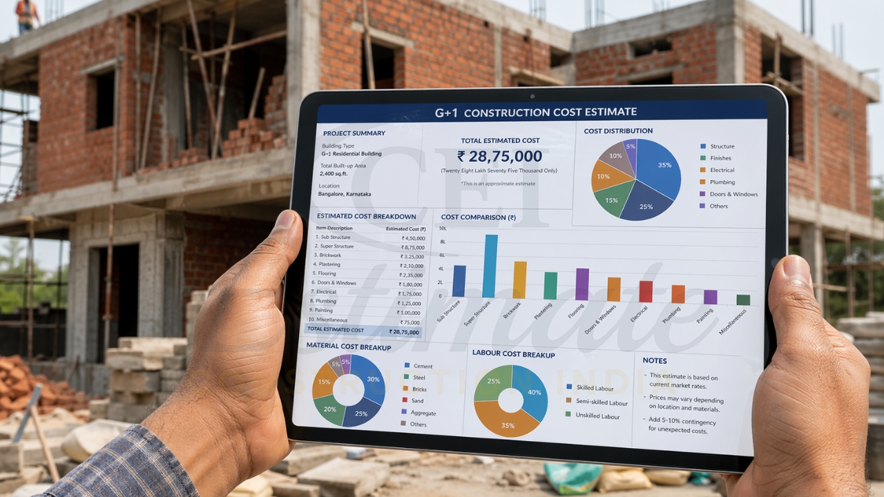 Tablet displaying G+1 construction cost estimate at a building site.