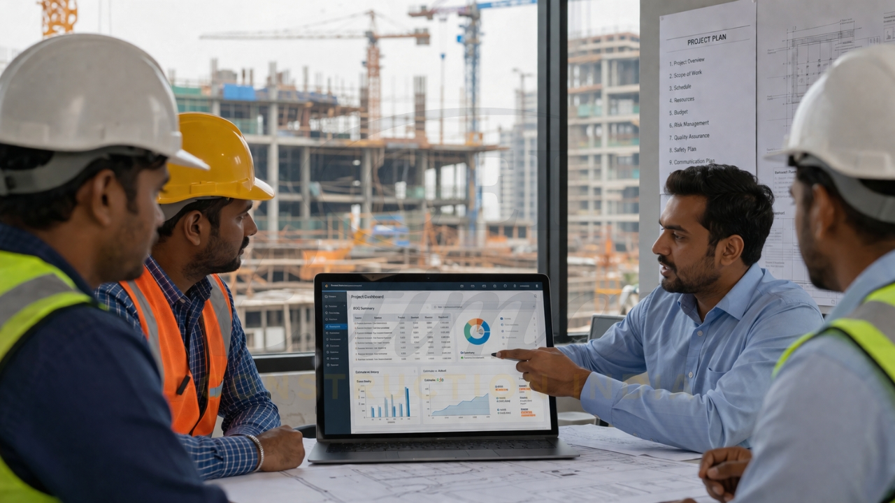 Construction team reviewing project dashboard and planning on a laptop.