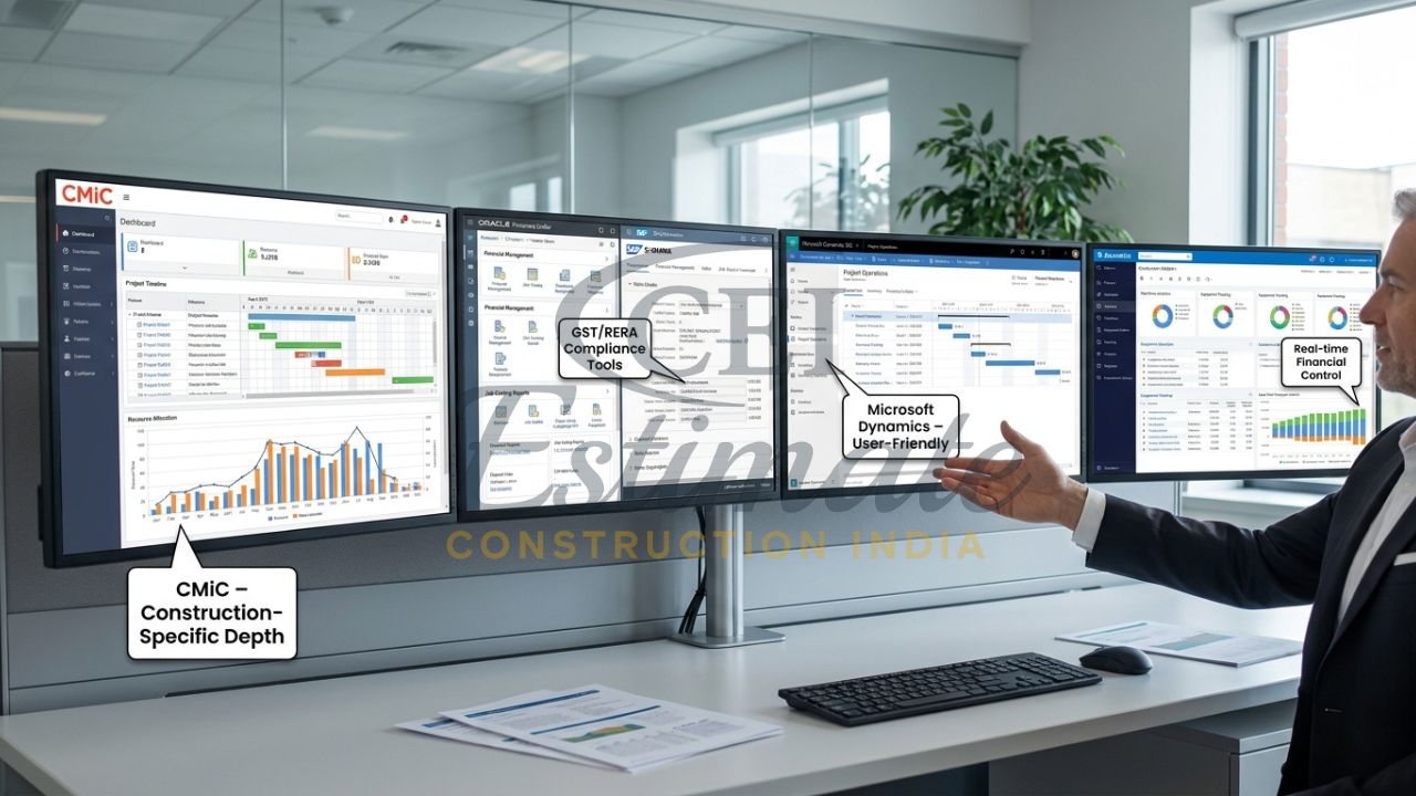Multiple construction ERP dashboards compared for features, financials and project control