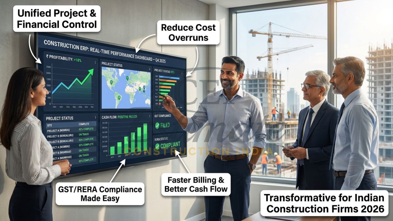 Successful Indian construction company owner reviewing profitable operations using modern ERP system