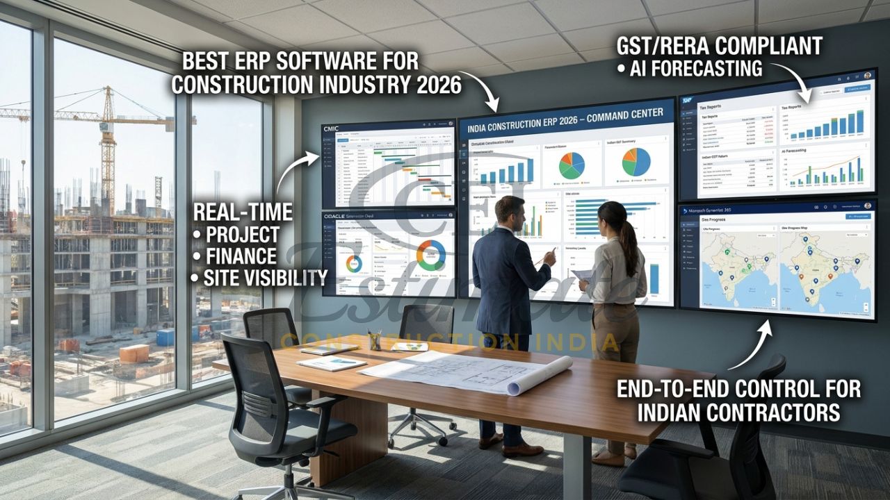 Modern construction ERP dashboard with real-time project, financial and site data for Indian contractors 2026