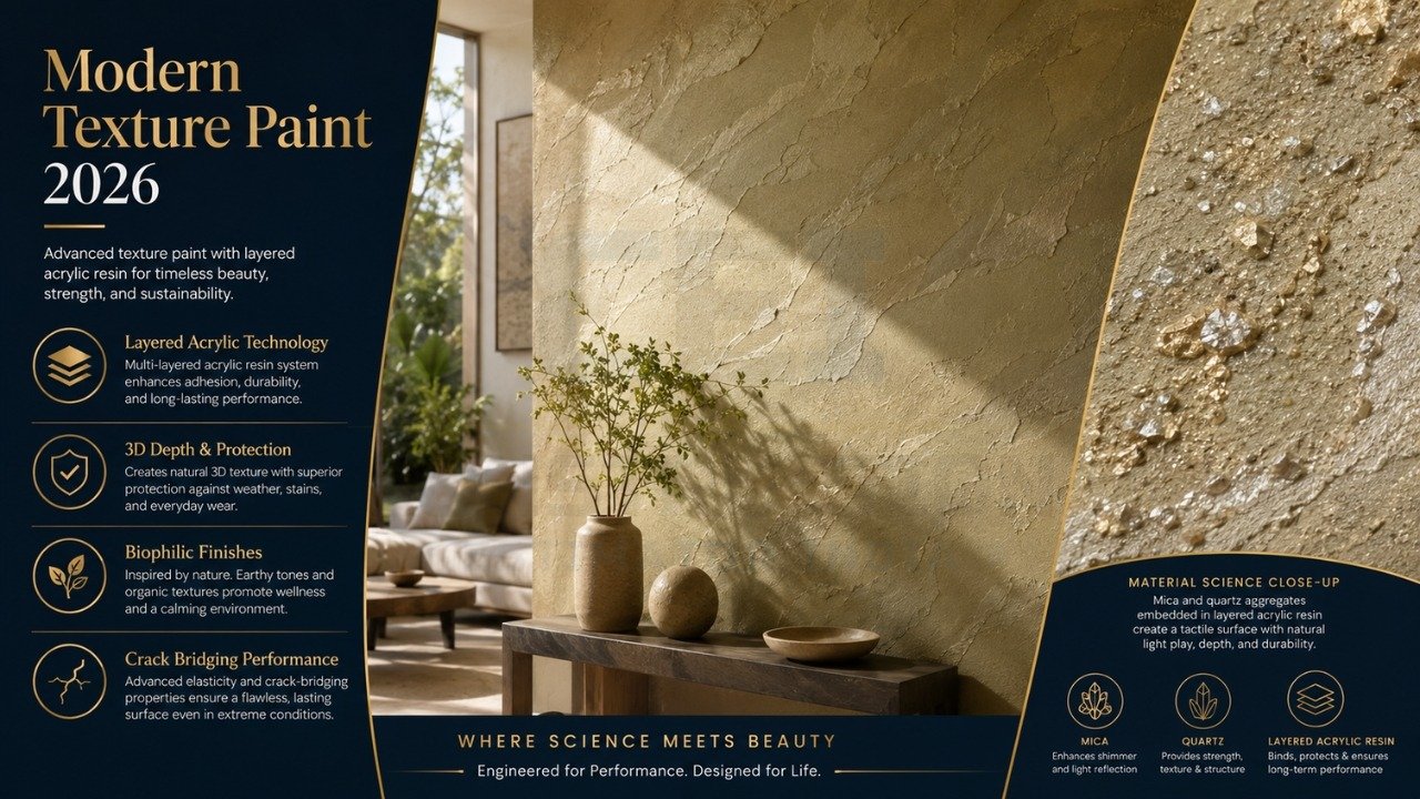 Modern texture wall paint 2026 with layered acrylic finish, earthy tones, and natural 3D surface design