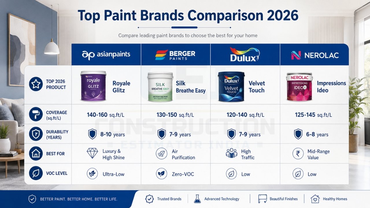Top paint brands comparison 2026 showing Asian Paints, Berger, Dulux, and Nerolac with coverage, durability, and features