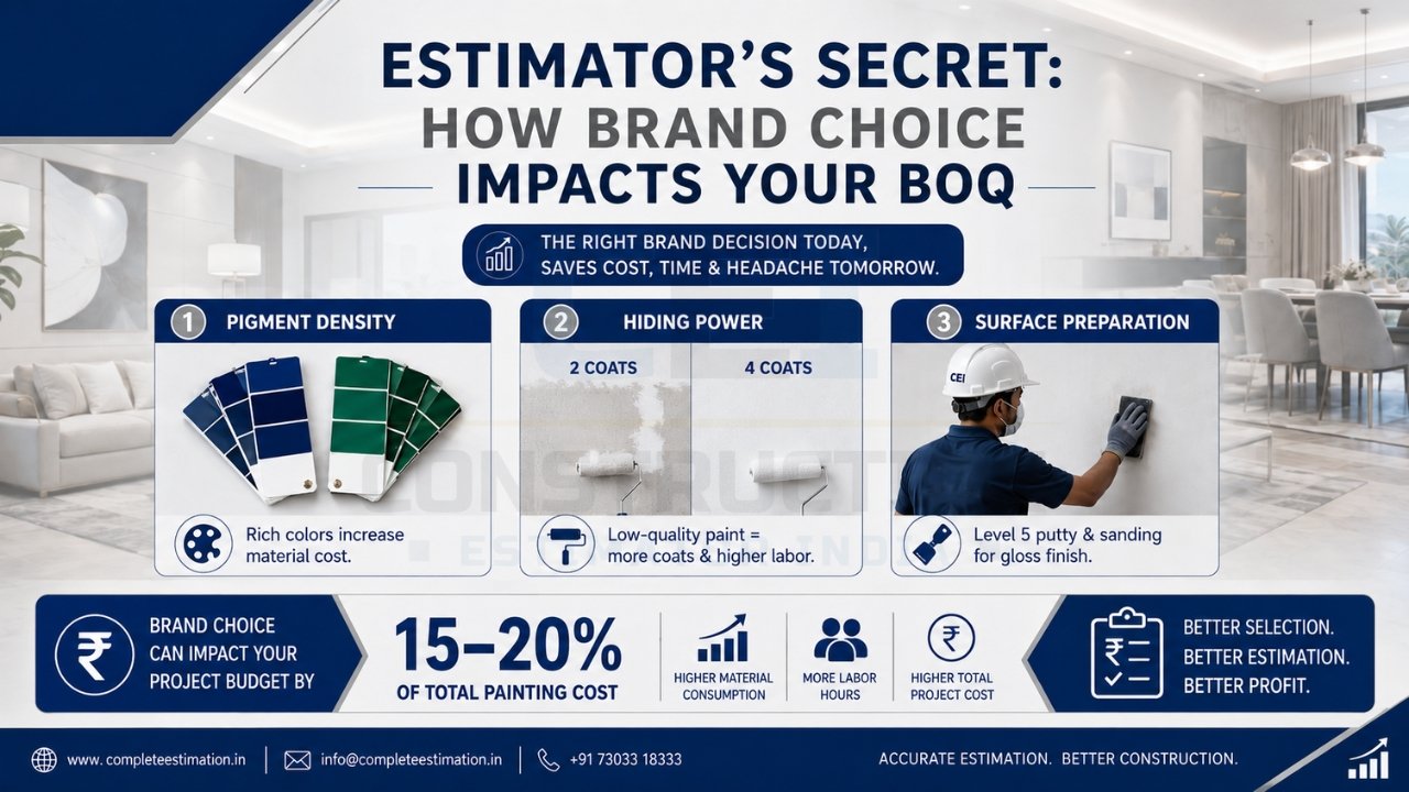 Estimator’s secret infographic showing how paint brand choice impacts BOQ cost by 15–20% through pigment, coverage, and prep