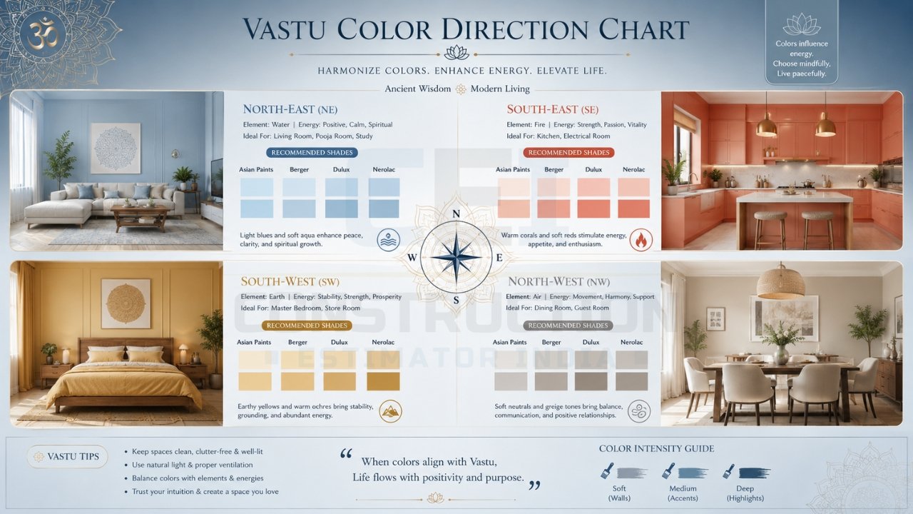 Vastu color direction chart showing ideal room colors for north-east, south-east, south-west, and north-west zones