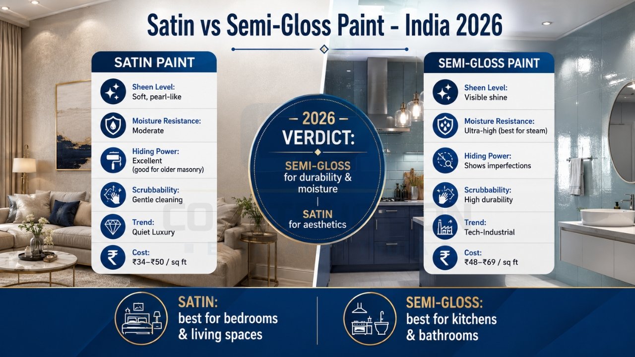 Satin vs semi-gloss paint comparison India 2026 showing sheen, durability, moisture resistance, cost, and best use areas