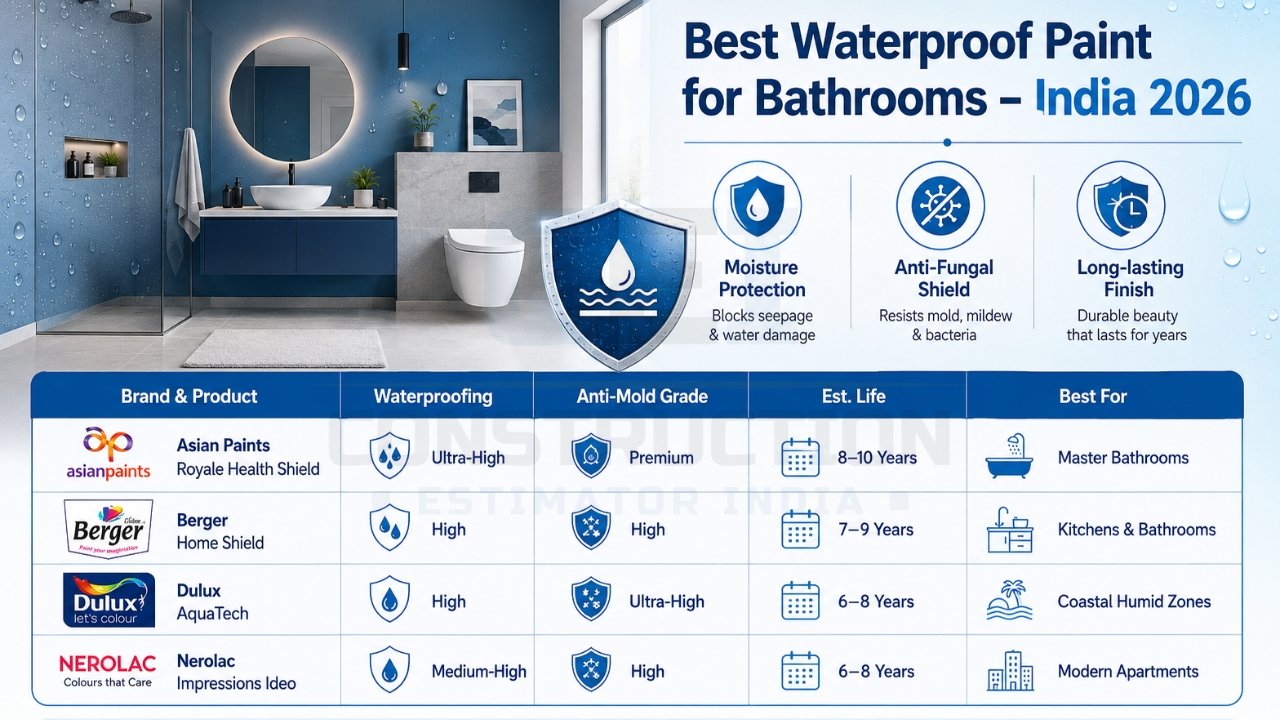 Best waterproof paint for bathrooms India 2026 comparing Asian Paints, Berger, Dulux, and Nerolac with durability and anti-mold features