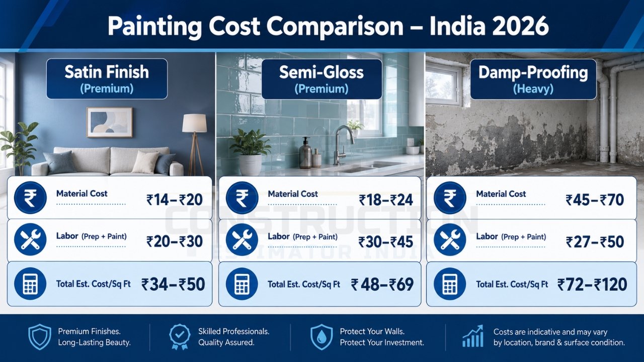 Painting cost comparison India 2026 showing satin, semi-gloss, and damp-proofing cost per sq ft with material and labor breakdown