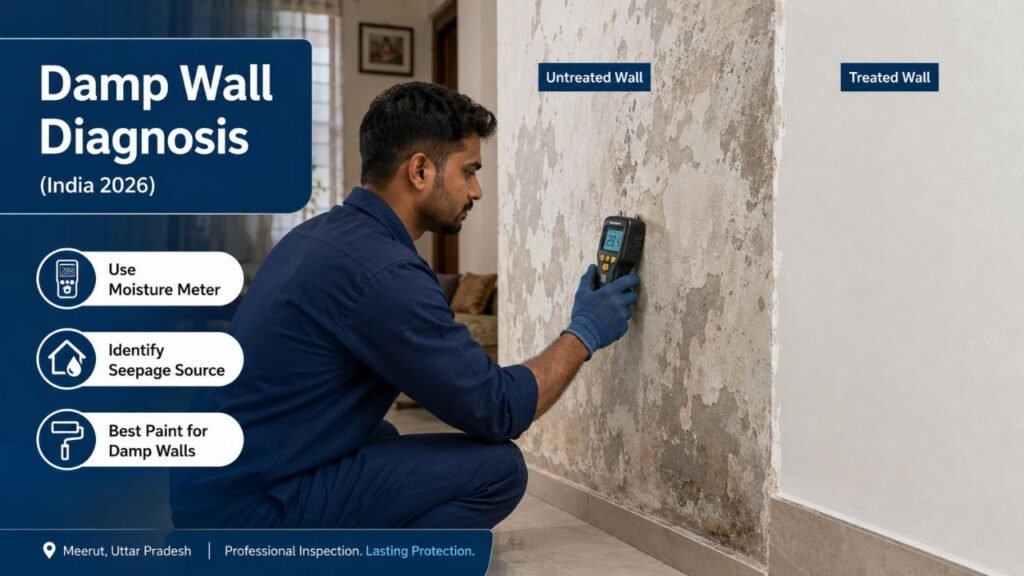 Technician using moisture meter to diagnose damp wall seepage and identify best waterproof paint solutions for Indian homes