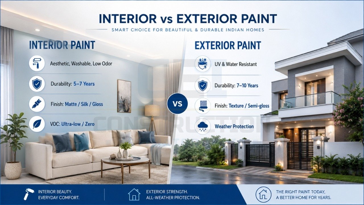 Interior vs exterior paint comparison showing durability, finish, and weather resistance