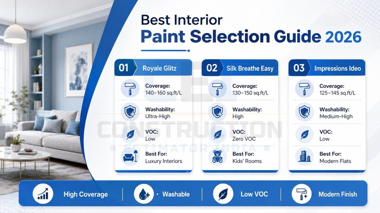 Interior paint selection guide 2026 with Royale Glitz, Silk Breathe Easy, and Impressions Ideo