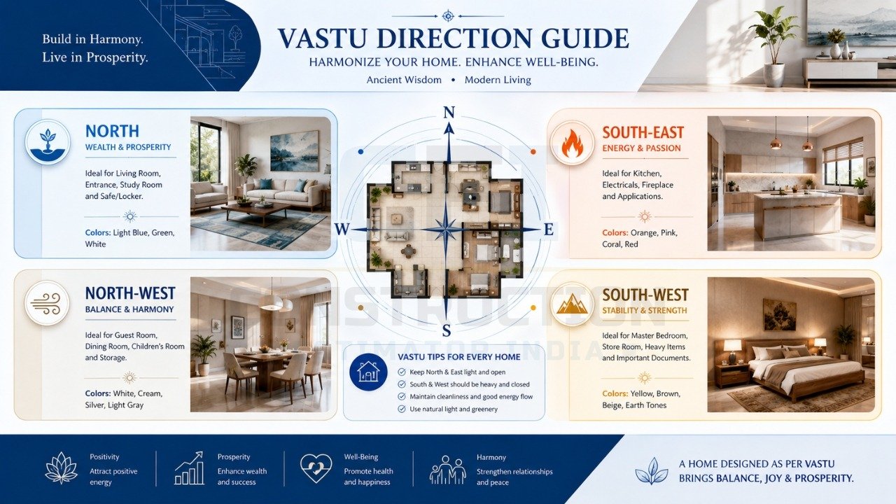 Vastu direction guide for home with north, south-east, north-west, and south-west room placement