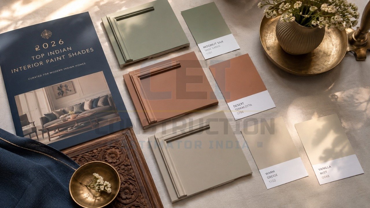 2026 Indian interior paint shades with sage green, terracotta, greige, and cream palette