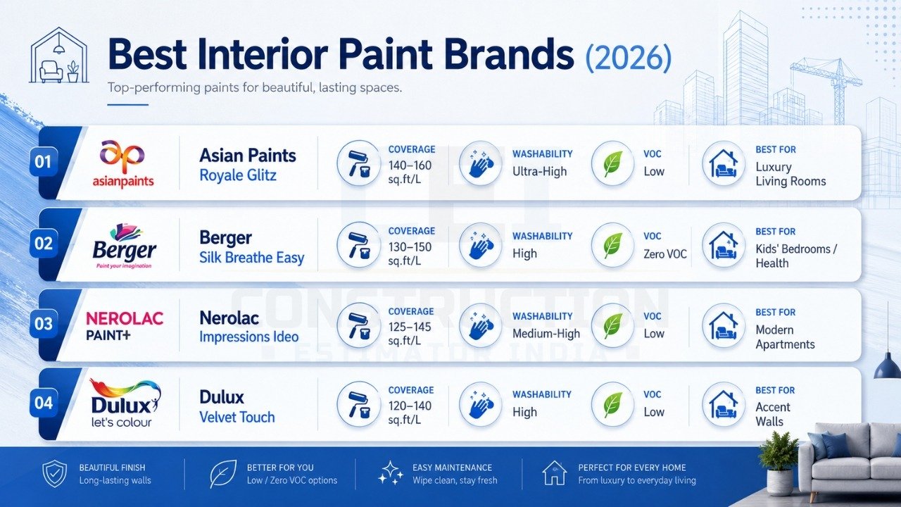 Best interior paint brands 2026 India with Asian Paints, Berger, Nerolac, and Dulux