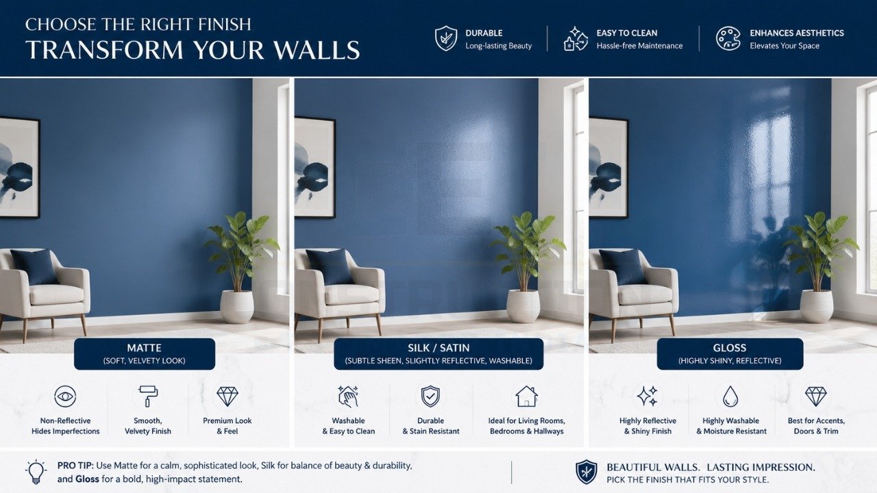 Wall paint finishes comparison matte vs satin vs gloss for modern interior design