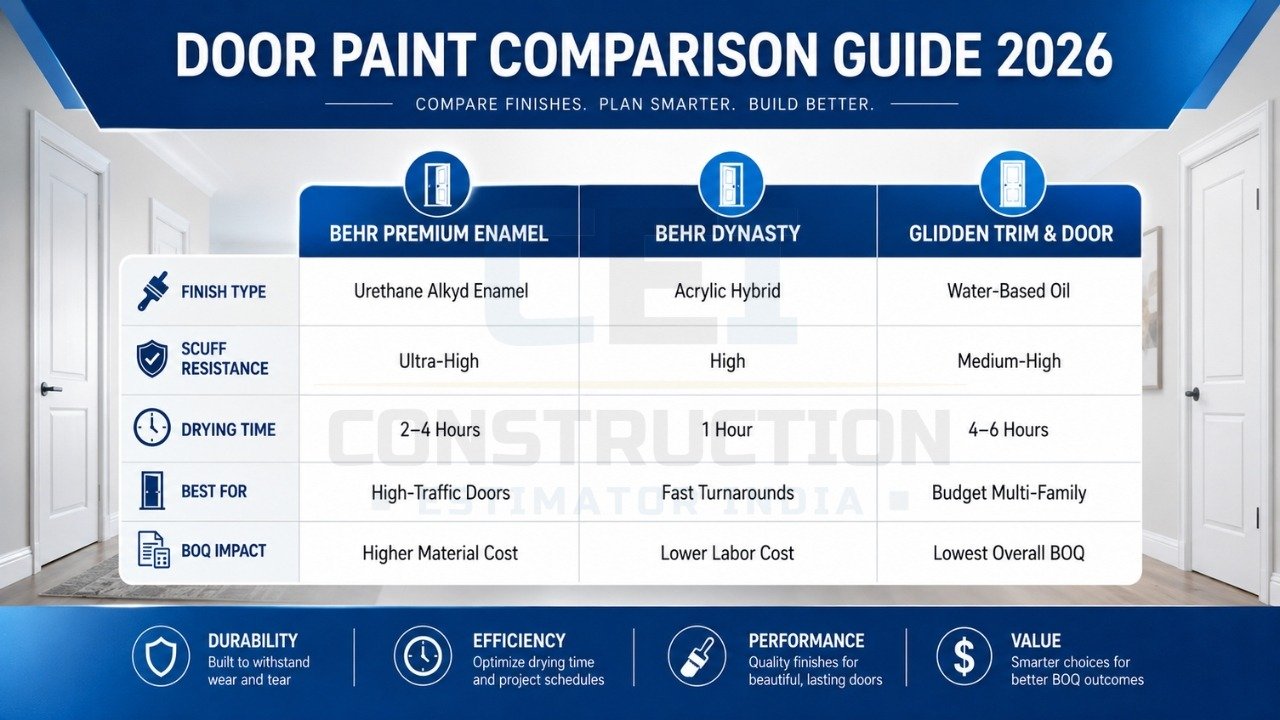 Door paint comparison guide 2026 with Behr Premium Enamel, Behr Dynasty, and Glidden Trim & Door