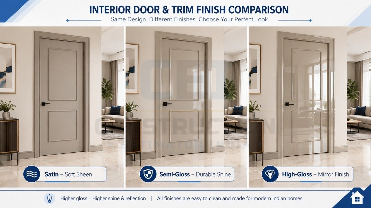 Interior door finish comparison satin vs semi-gloss vs high-gloss for modern homes