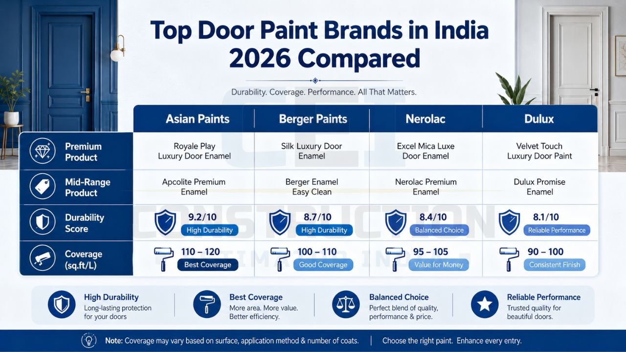 Comparison chart of Asian Paints, Berger, Nerolac, and Dulux door paint brands in India