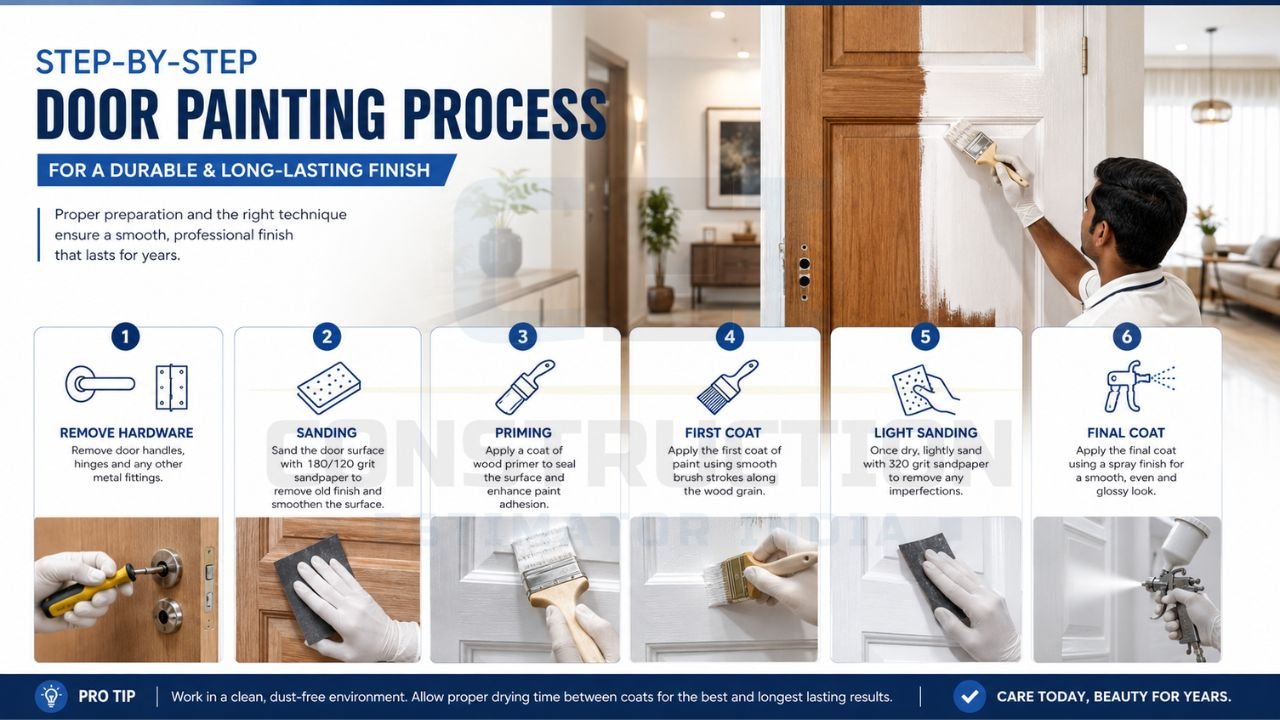 Professional painter applying white paint on a wooden interior door with step-by-step painting guide