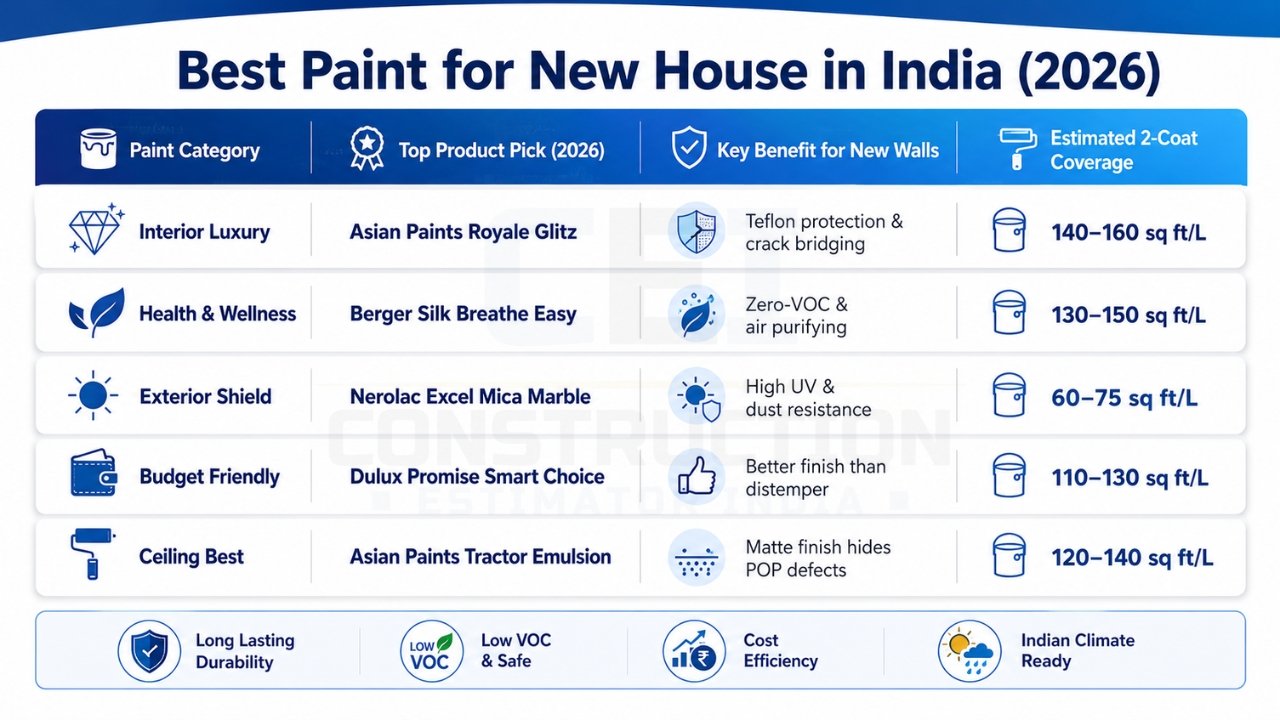 Best paint for new house in India 2026 infographic showing top products, benefits, and coverage for interior, exterior, budget, and ceiling paints