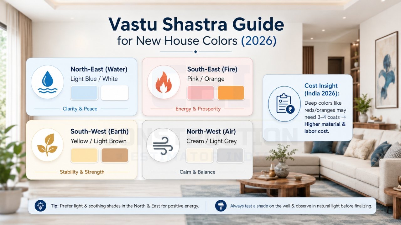 Vastu Shastra color guide for new homes 2026 showing ideal room colors by direction with benefits and cost insights