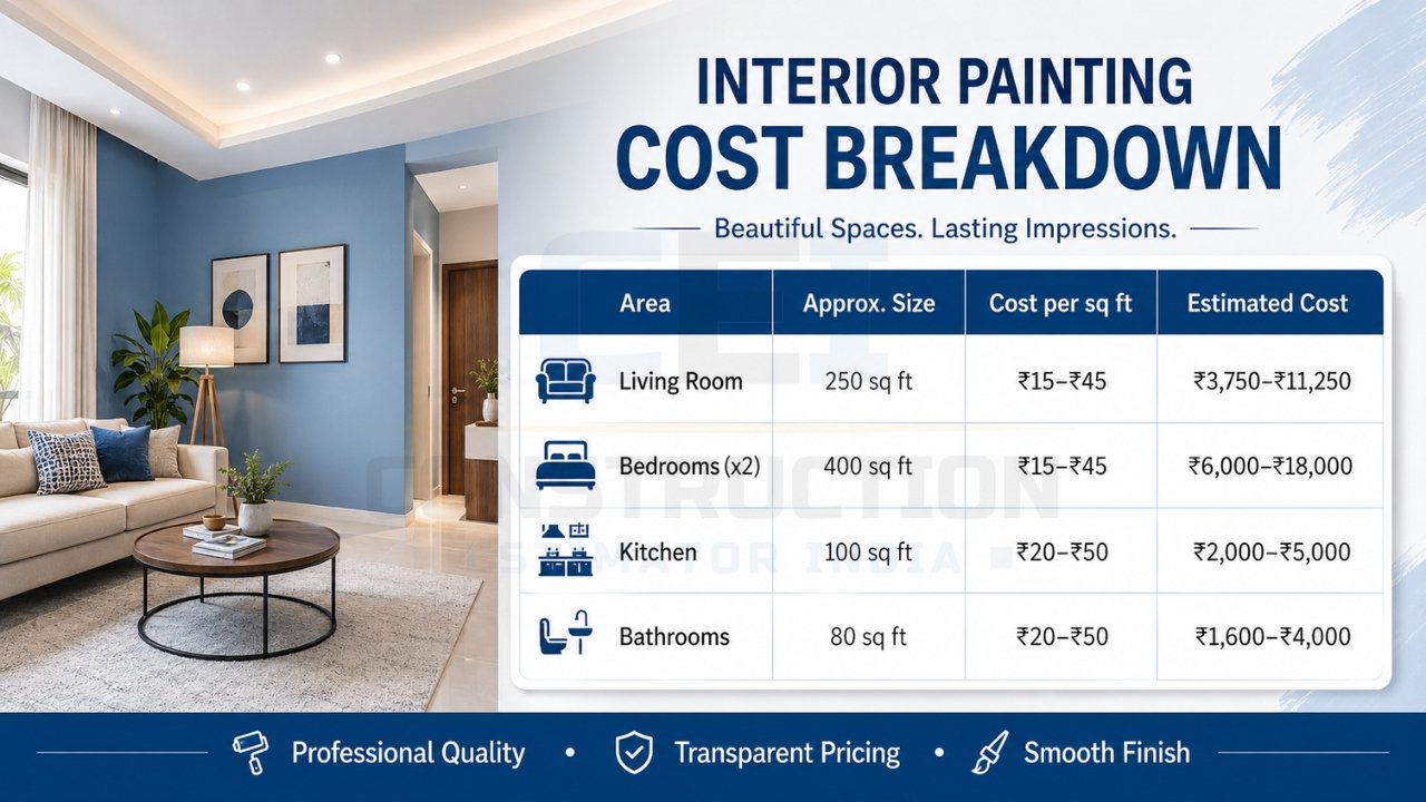 Interior painting cost breakdown infographic showing living room, bedrooms, kitchen, and bathroom costs with price per sq ft