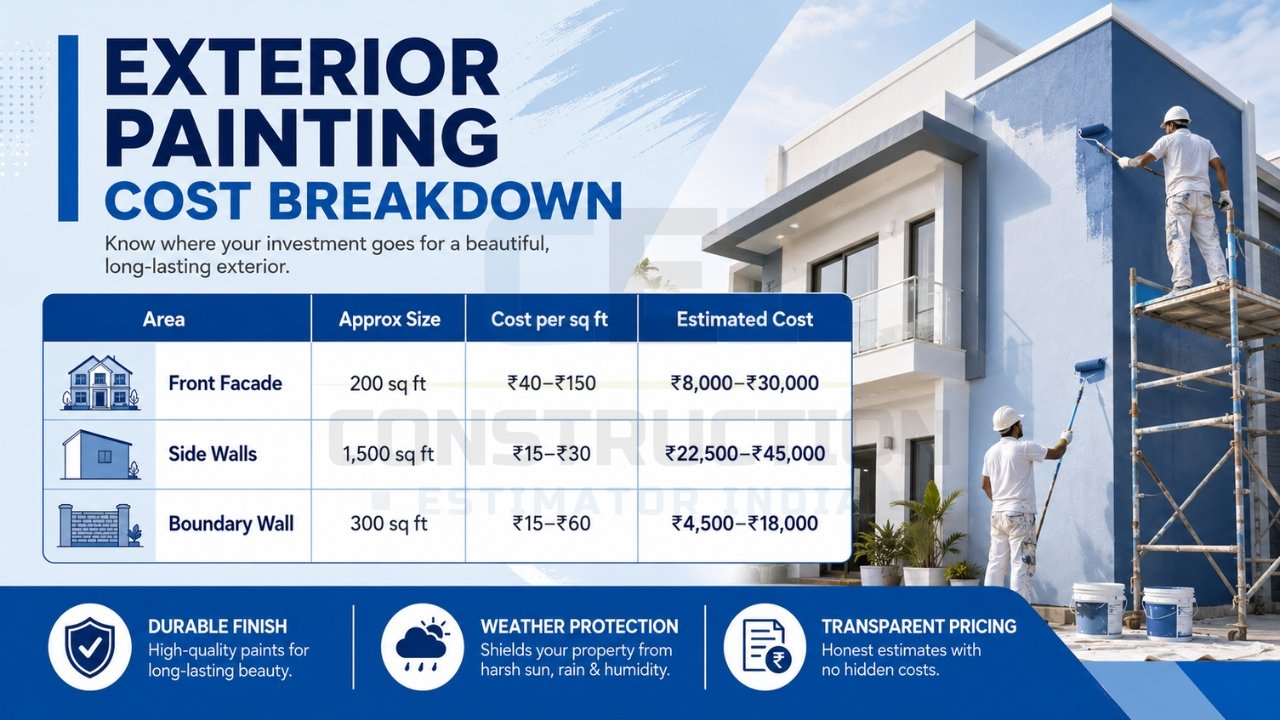 Exterior painting cost breakdown infographic showing front facade, side walls, and boundary wall costs with price per sq ft