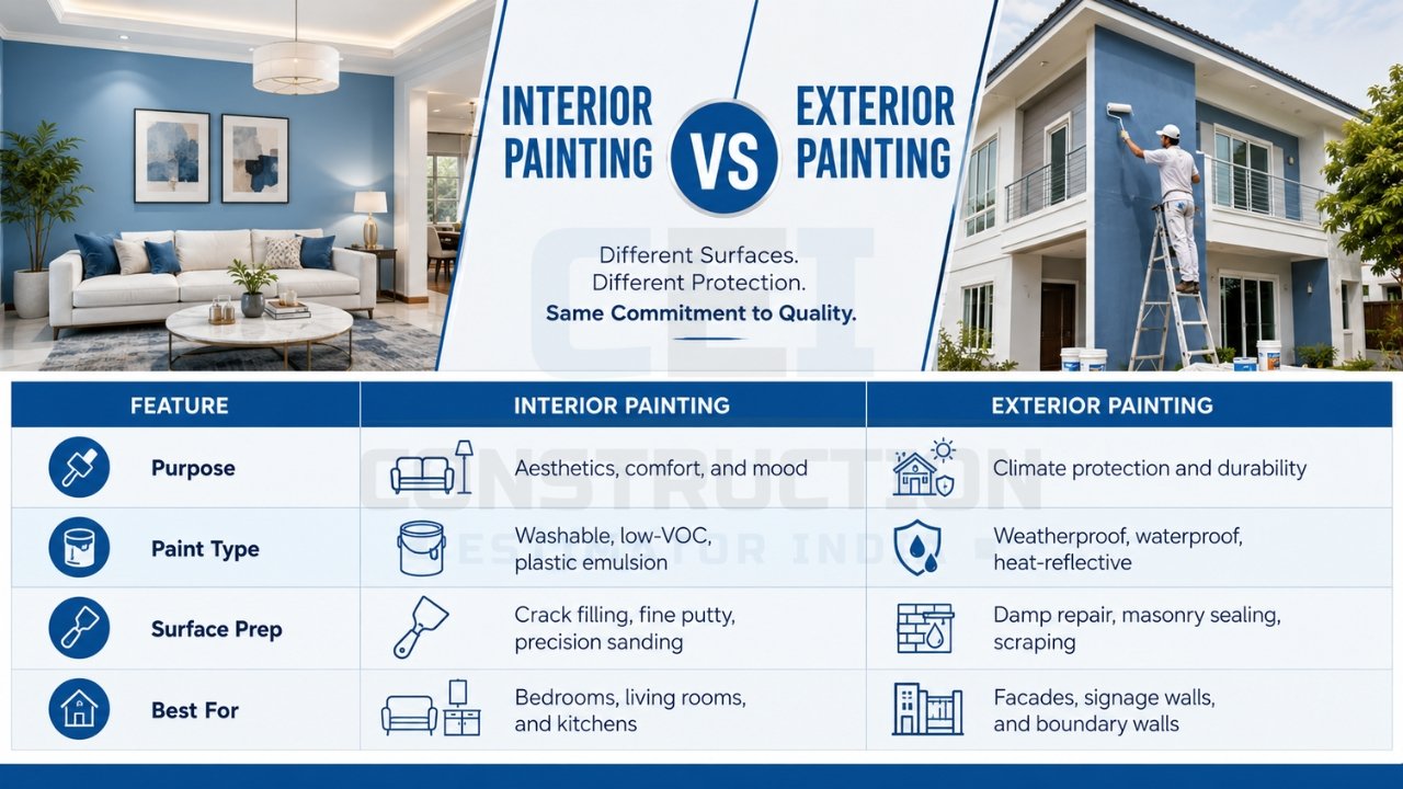 Interior vs exterior painting comparison infographic showing purpose, paint types, surface preparation, and best-use areas
