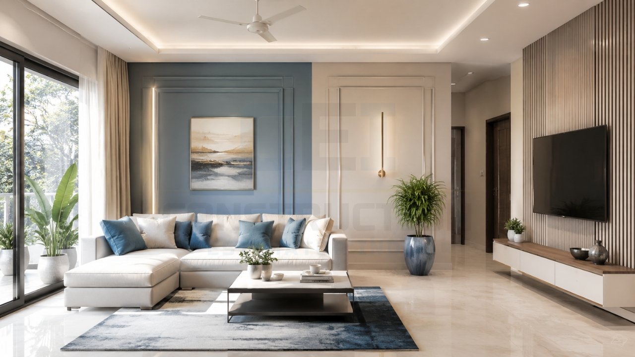 Modern living room interior with blue accent wall, beige paneling, L-shaped sofa, wall-mounted TV, and minimalist decor