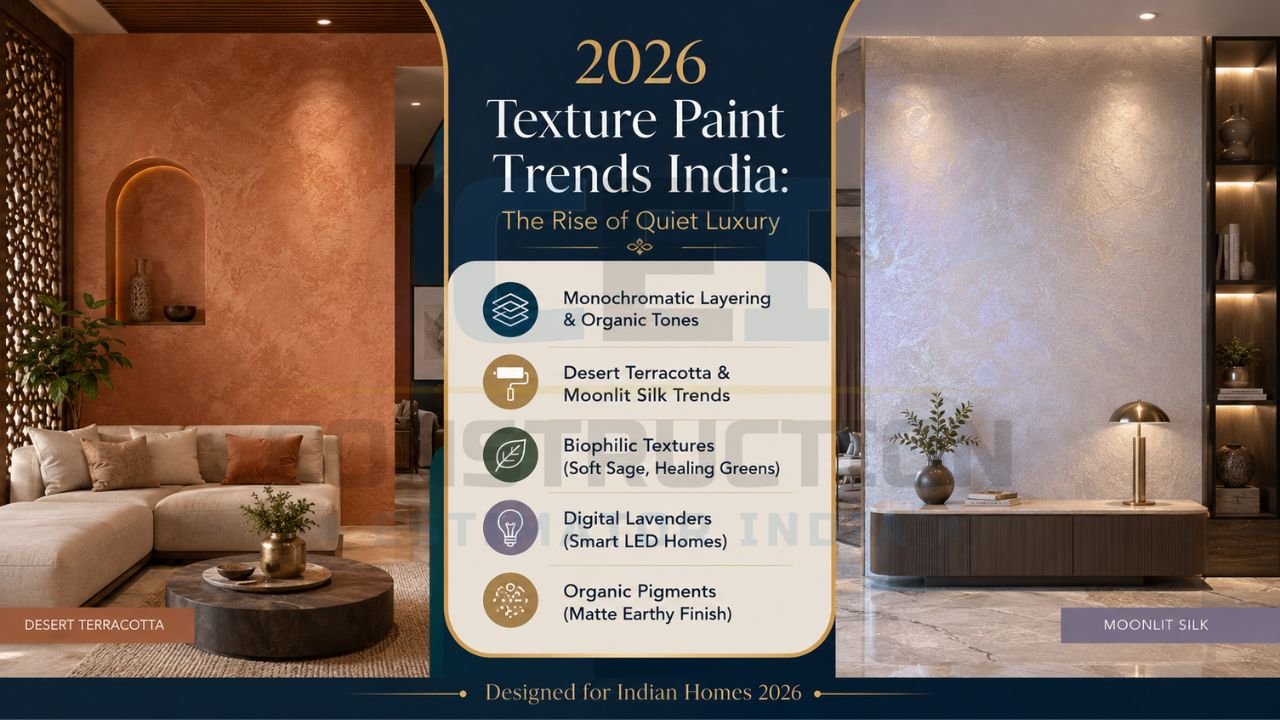 Luxury texture paint trends infographic featuring monochromatic layering, desert terracotta, moonlit silk, and biophilic textures