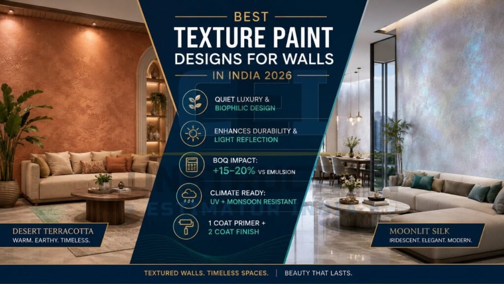 Modern texture paint design infographic showing biophilic design, UV-resistant finishes, BOQ impact, and luxury textured walls