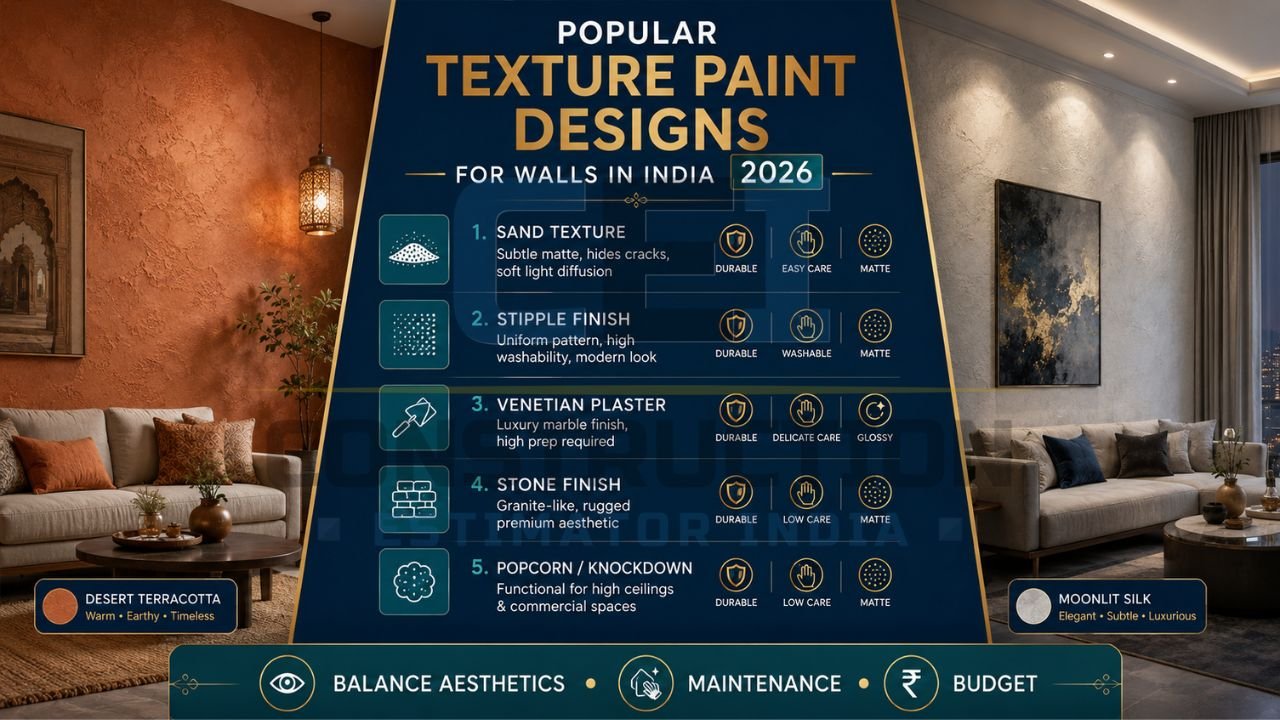 Popular wall texture paint designs infographic featuring sand texture, stipple finish, Venetian plaster, stone finish, and popcorn texture