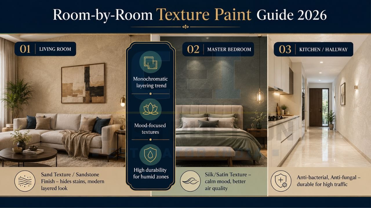 Room-by-room texture paint guide showing living room, master bedroom, and kitchen hallway texture finishes for Indian homes
