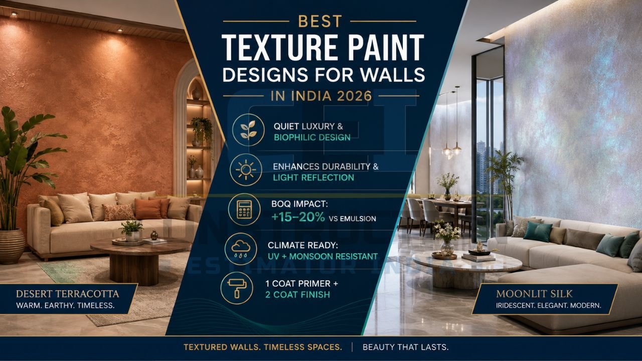 Modern texture paint design infographic showing biophilic design, UV-resistant finishes, BOQ impact, and luxury textured walls