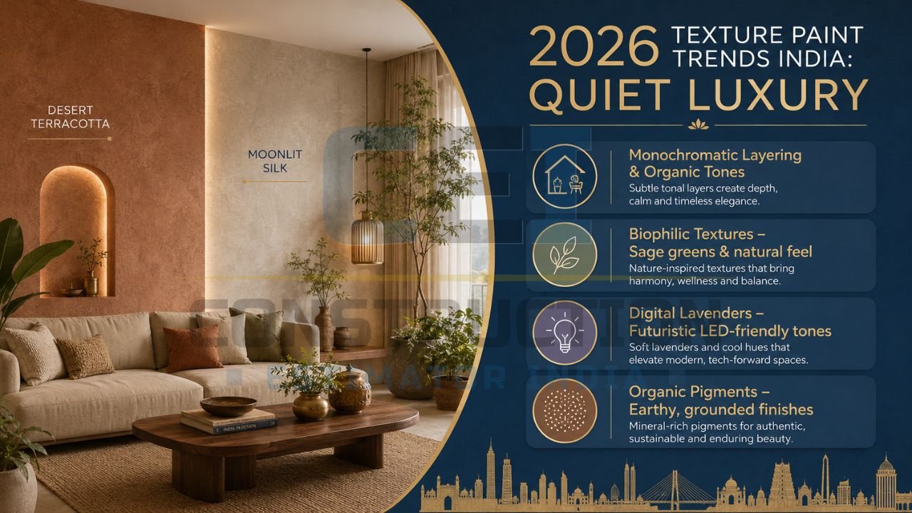 Quiet luxury texture paint trends infographic featuring earthy textures, biophilic design, and modern Indian interiors