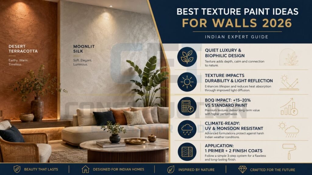Modern texture wall paint ideas infographic showing luxury finishes, climate-resistant coatings, and Indian interior trends